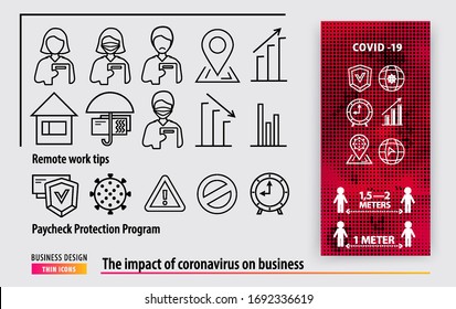 Line black icons. Business support during the coronavirus epidemic. Remote work tips. Paycheck protection program. Keep distance 1 meter. Halftone red background
