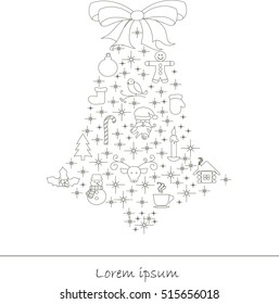 Line black icons of deer head, Santa Claus, candle, shelter, snowman, Christmas gingerbread, Christmas tree, bullfinch, mittens, sock, bell, Holly completed in bell shape, vector illustration