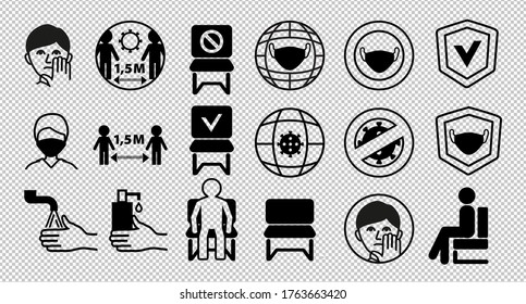 Line black icons on transparent background. Keep distance 1.5 meters. Put on mask. Keep distance between people. Do not sit here. Sit here.