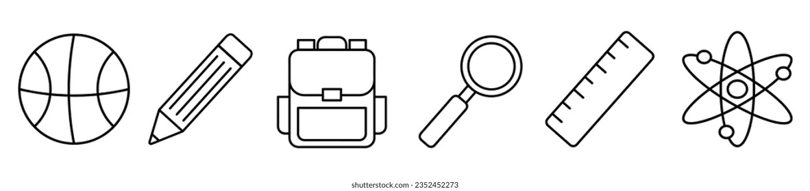line black icons of school supplies. objects like backpack, ruler, magnifier, calculator. icons set