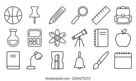 line black icons of school supplies. objects like backpack, ruler, magnifier, calculator. icons set	
