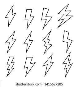 Line black icons of thunder or lightning vector signs. Thunder strike logo on a white background