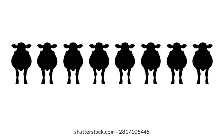 Line of black silhouette sheep standing together in a row