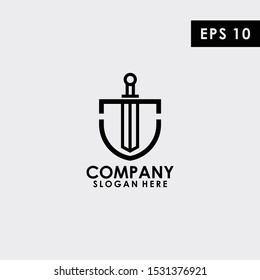 Line Black Sword With Shield Logo Design Vector Template