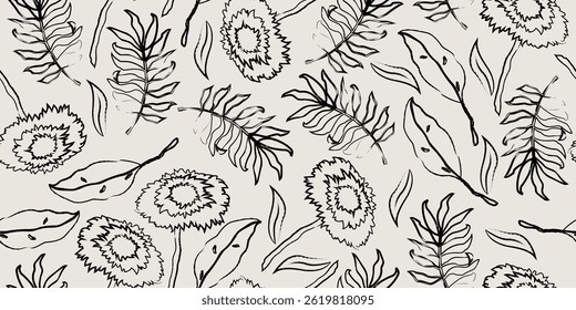 Line black and white abstract hand drawn flowers, floral seamless pattern for fabric, textile, apparel, poster, cover, banner, wall art, background. Vector illustration.