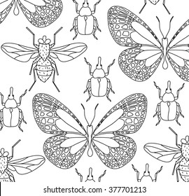 Line black and white background with insects.