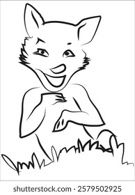 A line black and white drawing of a cartoon fox