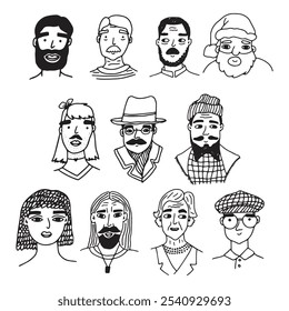 Line black white group of faces or heads portraits drawings. Set of modern isolated vector hand drawn illustration on white background