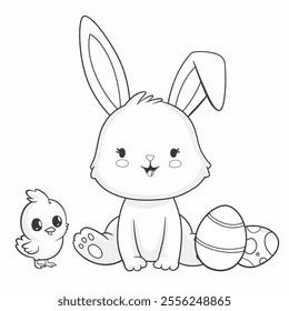 Line black and white illustration of happy bunny with Easter eggs, chickens, flowers. Kawaii hare for Easter coloring page or coloring book