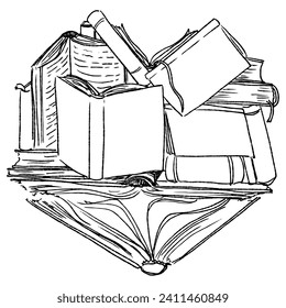 Line black and white illustration of the heart made of books