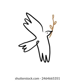 Line black-white art minimalistic dove logo or label. Flying pigeon ink sketch drawing. Celestial constellation folk bird illustration. Good for greeting card, banner, flyer, poster, wall handing and