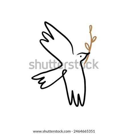 Line black-white art minimalistic dove logo or label. Flying pigeon ink sketch drawing. Celestial constellation folk bird illustration. Good for greeting card, banner, flyer, poster, wall handing and