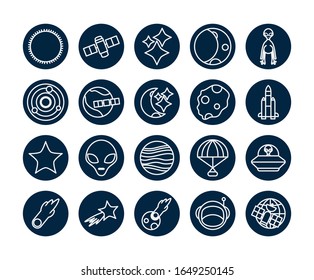 line block style icon set of Space futuristic cosmos outside universe astronomy adventure and exploration theme Vector illustration