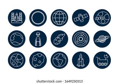 line block style icon set of Space futuristic cosmos outside universe astronomy adventure and exploration theme Vector illustration