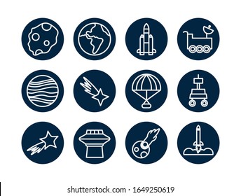 line block style icon set of Space futuristic cosmos outside universe astronomy adventure and exploration theme Vector illustration