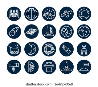 line block style icon set of Space futuristic cosmos outside universe astronomy adventure and exploration theme Vector illustration