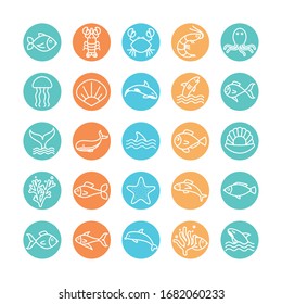 line block style icon set design Sea animals life ecosystem fauna ocean underwater water nature marine tropical theme Vector illustration