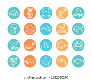 line block style icon set design Sea animals life ecosystem fauna ocean underwater water nature marine tropical theme Vector illustration