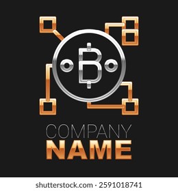 Line Blockchain technology Bitcoin icon isolated on black background. Abstract geometric block chain network technology business. Colorful outline concept. Vector
