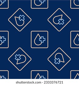 Line Blood test and virus molecule coronavirus icon isolated seamless pattern on blue background. Coronavirus, COVID-19. 2019-nCoV.  Vector
