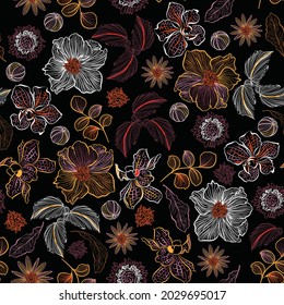 Line blooming hand drawn sketch in many kind of flowers ,Botanical plants seamless pattern Vector EPS10,Design for fashion , fabric, textile, wallpaper, cover, web , wrapping and all prints on black