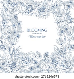 Line and blue art templates with abstract and floral elements. For poster, greeting and business card, invitation, flyer, banner, brochure, advertising, events and page cover.