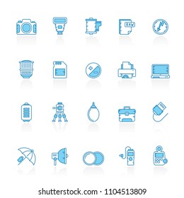 Line with blue background Camera equipment and photography icons - Vector Icon Set
