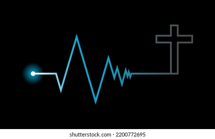 Line blue heartbeat cardiograph with christian crucifix cross religion death concept heart disease on black background icon vector design.