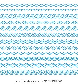 Line blue wave borders. Oceans or sea ripple seamless pattern. Linear waves, isolated simple water decorative symbols. Tidy wavy vector dividers