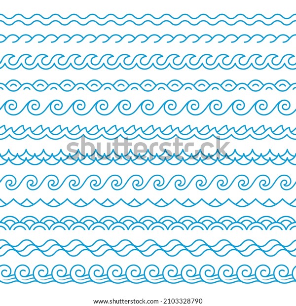 Line blue wave borders. Oceans or sea ripple\
seamless pattern. Linear waves, isolated simple water decorative\
symbols. Tidy wavy vector\
dividers