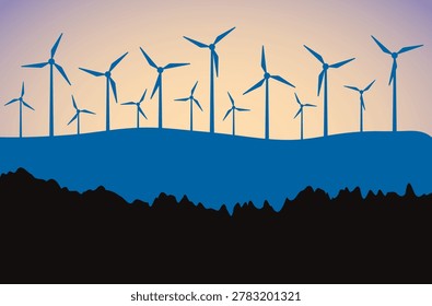 A line of blue wind turbines stands silhouetted against a soft gradient sky, symbolizing renewable energy generation