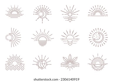 Iconos de la luna de miel y del sol. Esbozar diseño de gitanos de explosión solar, símbolos bohemios. Atardecer, logotipo de yoga o plantilla de tatuaje elementos vectores neotercios