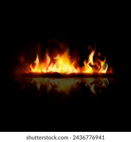 Line bon fire flame with reflection with sparks on black background vector illustration.