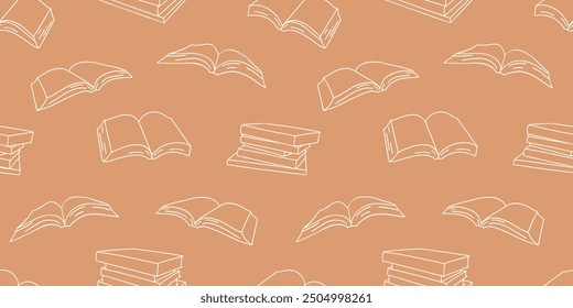 Libros de línea doodle sin patrón. Diseño de ilustración de contorno dibujado a mano de Vector para fondo, tela, textil, embalaje. Apilar y abrir el libro de texto. Símbolo de conocimiento y lectura