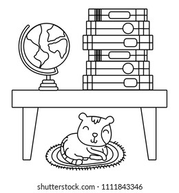 line books and global desk in the table and cat