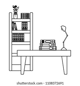 line books inside bookcase object and table with lamp