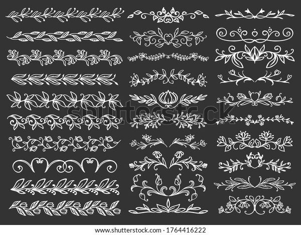 Line border and floral divider vector set with\
flower ornaments. Floral patterns of branch and vine garlands with\
leaves, flourishes and buds, herb blossom, blooming plants, frame\
and vignette design
