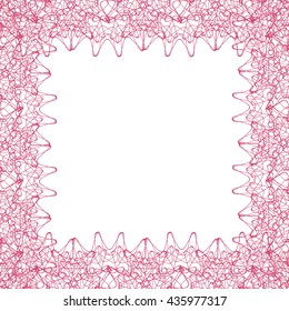 Line border frame with delicate guilloche lace contour isolated on white (transparent) background. Space for invitations, promotional poster or greeting cards text. Vector illustration eps