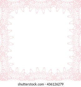 Line border frame with delicate guilloche lace contour isolated on white (transparent) background. Space for invitations, promotional poster or greeting cards text. Vector illustration eps