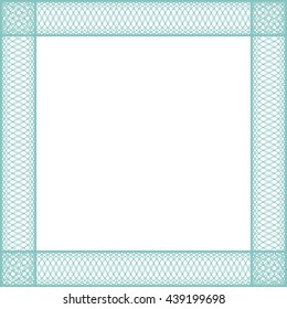 Line border frame with delicate guilloche lace contour isolated on white (transparent) background. Space for invitations, promotional poster or greeting cards text. Vector illustration eps