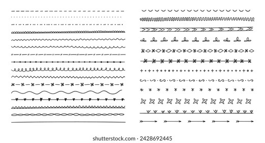 Linienrand und Textgestaltungselement. Satz von handgezeichneten Linien und Trennlinien. Vektor-Doodle-Designelemente.
