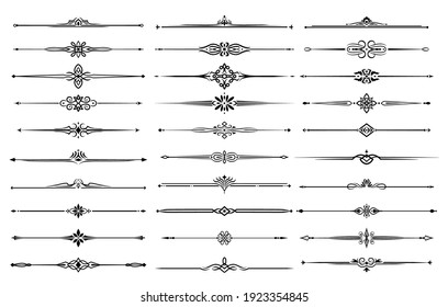 Line borders, dividers and frame lines with vector floral and tribal ornaments. Ornate calligraphy elements with flower vine swirls, arrows and leaves for page decoration of wedding invitation