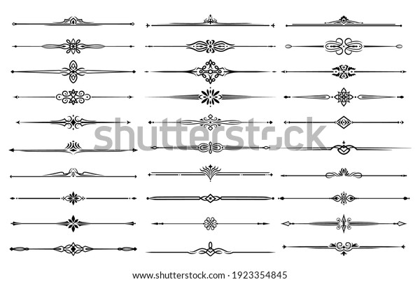 Line borders, dividers and frame lines with\
vector floral and tribal ornaments. Ornate calligraphy elements\
with flower vine swirls, arrows and leaves for page decoration of\
wedding invitation