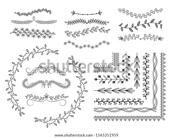 Line borders, doodle\
dividers design elements. Hand drawn decoration flowers leaves\
elements, sketch floral leaves ornamental divider border isolated\
doodle vector set