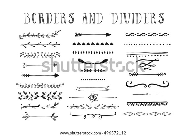 Line borders, text dividers and laurel design\
elements. Collection of hand drawn borders made with brush and ink.\
Vector dividers.
