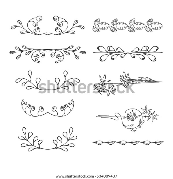 Line borders, text dividers and laurel. Collection of hand drawn design ...