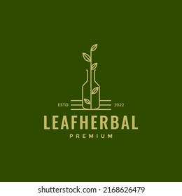 line bottle with leaf herbal logo design vector graphic symbol icon illustration creative idea