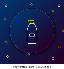 Line Bottle of liquid antibacterial soap with dispenser icon isolated on blue background. Antiseptic. Disinfection, hygiene, skin care. Colorful outline concept. Vector