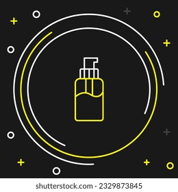 Line Flasche mit flüssiger antibakterieller Seife mit Dispenser-Symbol einzeln auf schwarzem Hintergrund. Desinfektion, Hygiene, Hautpflegekonzept. Farbiges Rahmenkonzept. Vektorgrafik
