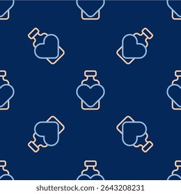 Line Bottle with love potion icon isolated seamless pattern on blue background. Valentines day symbol.  Vector